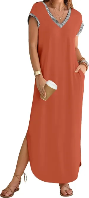 Women Summer T Shirt Dress Casual Short Sleeve V Neck Split Maxi Dresses Long T-Shirt Dresses Beach Dress with Pocket