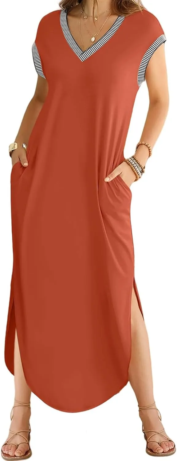 Women Summer T Shirt Dress Casual Short Sleeve V Neck Split Maxi Dresses Long T-Shirt Dresses Beach Dress with Pocket