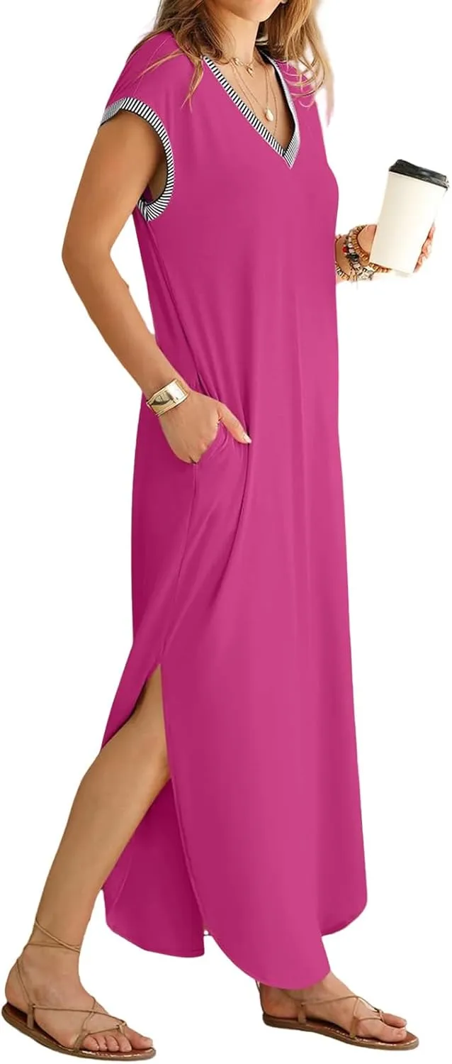 Women Summer T Shirt Dress Casual Short Sleeve V Neck Split Maxi Dresses Long T-Shirt Dresses Beach Dress with Pocket