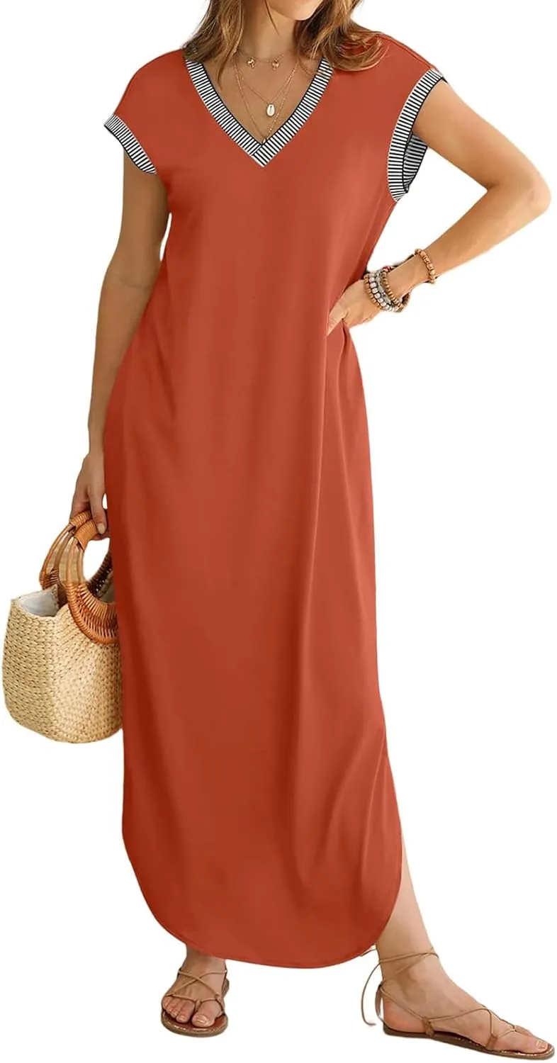 Women Summer T Shirt Dress Casual Short Sleeve V Neck Split Maxi Dresses Long T-Shirt Dresses Beach Dress with Pocket