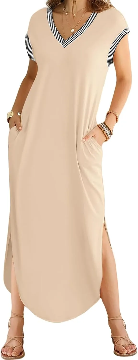 Women Summer T Shirt Dress Casual Short Sleeve V Neck Split Maxi Dresses Long T-Shirt Dresses Beach Dress with Pocket