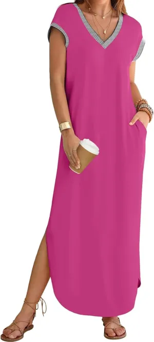 Women Summer T Shirt Dress Casual Short Sleeve V Neck Split Maxi Dresses Long T-Shirt Dresses Beach Dress with Pocket