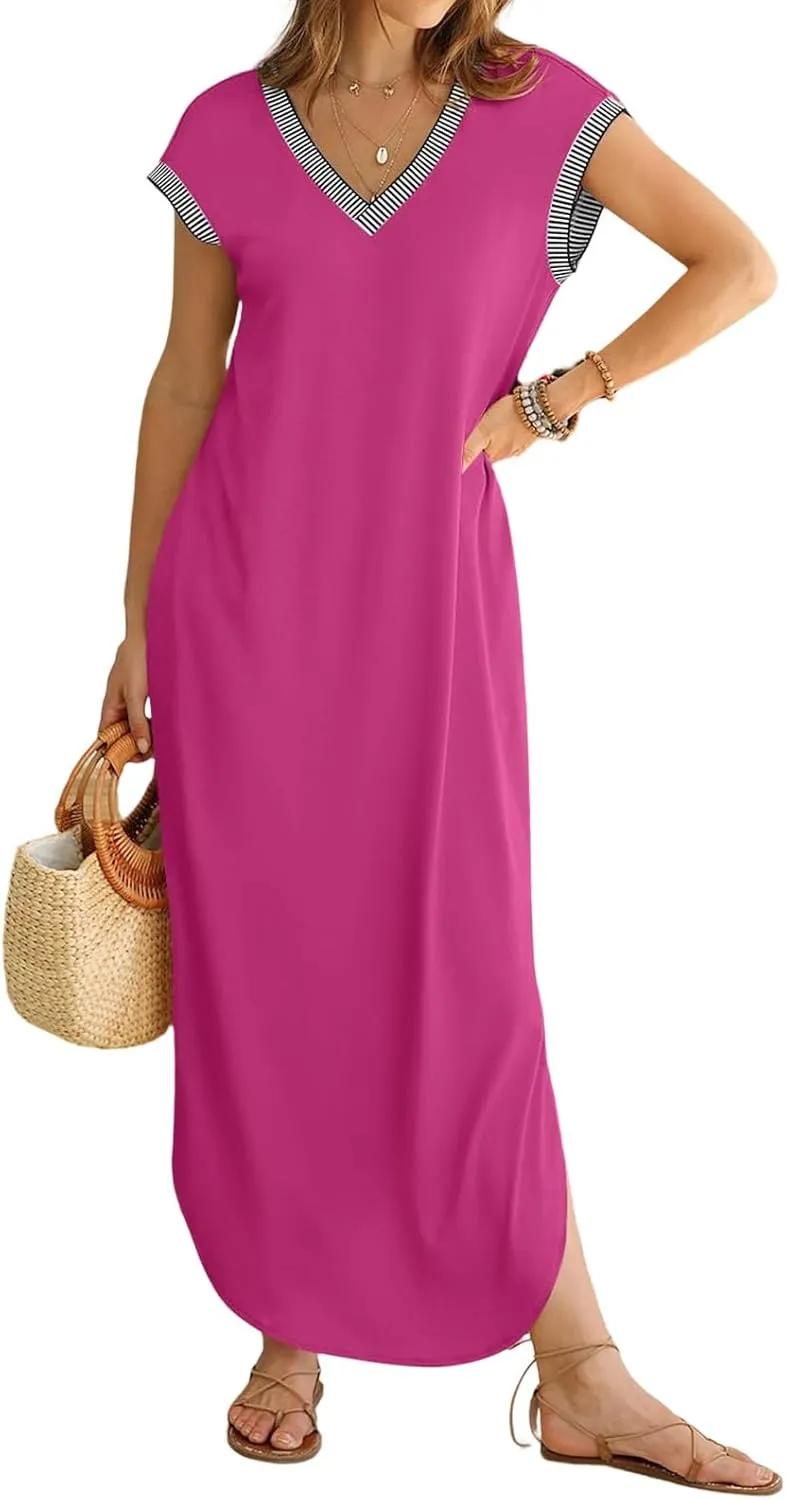 Women Summer T Shirt Dress Casual Short Sleeve V Neck Split Maxi Dresses Long T-Shirt Dresses Beach Dress with Pocket