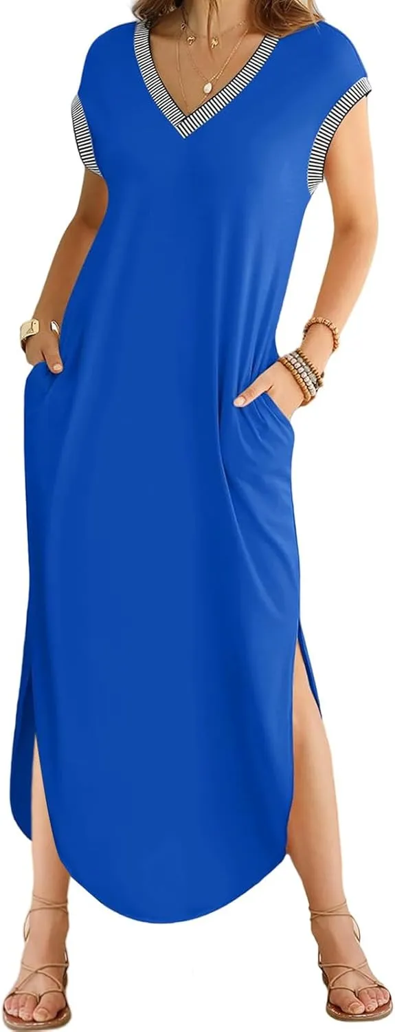 Women Summer T Shirt Dress Casual Short Sleeve V Neck Split Maxi Dresses Long T-Shirt Dresses Beach Dress with Pocket