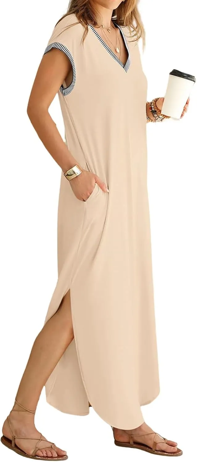Women Summer T Shirt Dress Casual Short Sleeve V Neck Split Maxi Dresses Long T-Shirt Dresses Beach Dress with Pocket