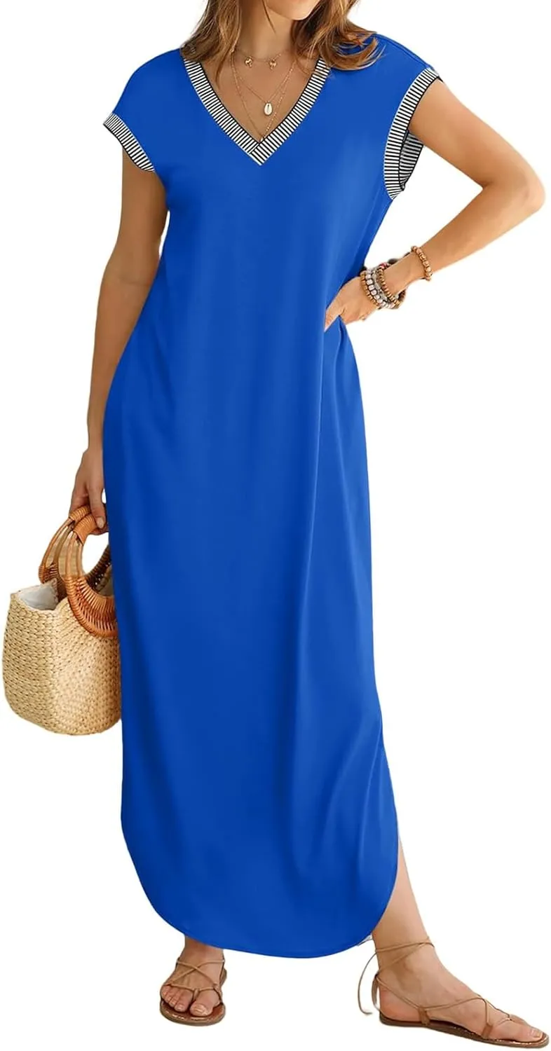 Women Summer T Shirt Dress Casual Short Sleeve V Neck Split Maxi Dresses Long T-Shirt Dresses Beach Dress with Pocket