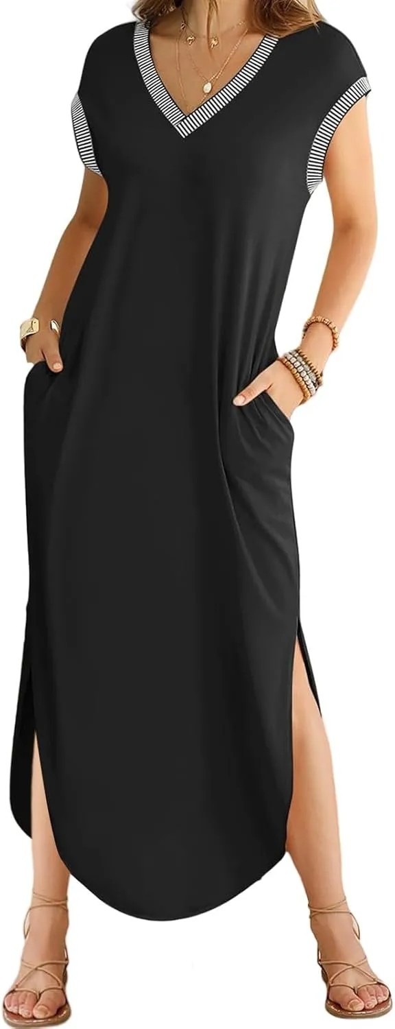 Women Summer T Shirt Dress Casual Short Sleeve V Neck Split Maxi Dresses Long T-Shirt Dresses Beach Dress with Pocket