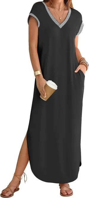 Women Summer T Shirt Dress Casual Short Sleeve V Neck Split Maxi Dresses Long T-Shirt Dresses Beach Dress with Pocket