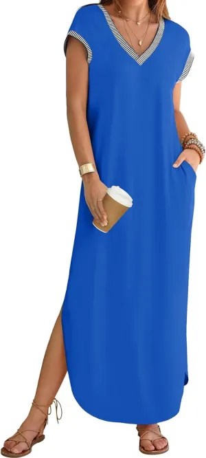 Women Summer T Shirt Dress Casual Short Sleeve V Neck Split Maxi Dresses Long T-Shirt Dresses Beach Dress with Pocket