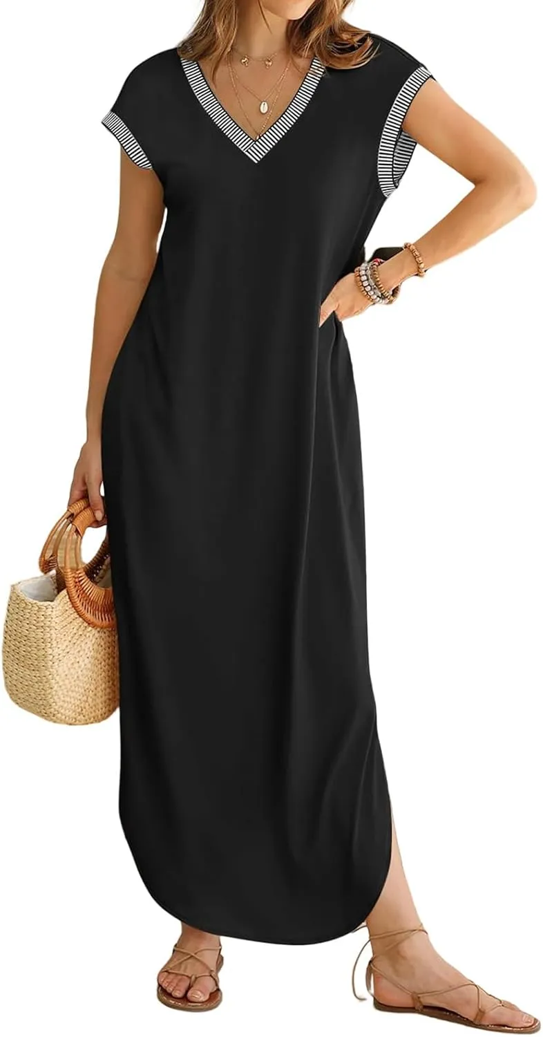 Women Summer T Shirt Dress Casual Short Sleeve V Neck Split Maxi Dresses Long T-Shirt Dresses Beach Dress with Pocket