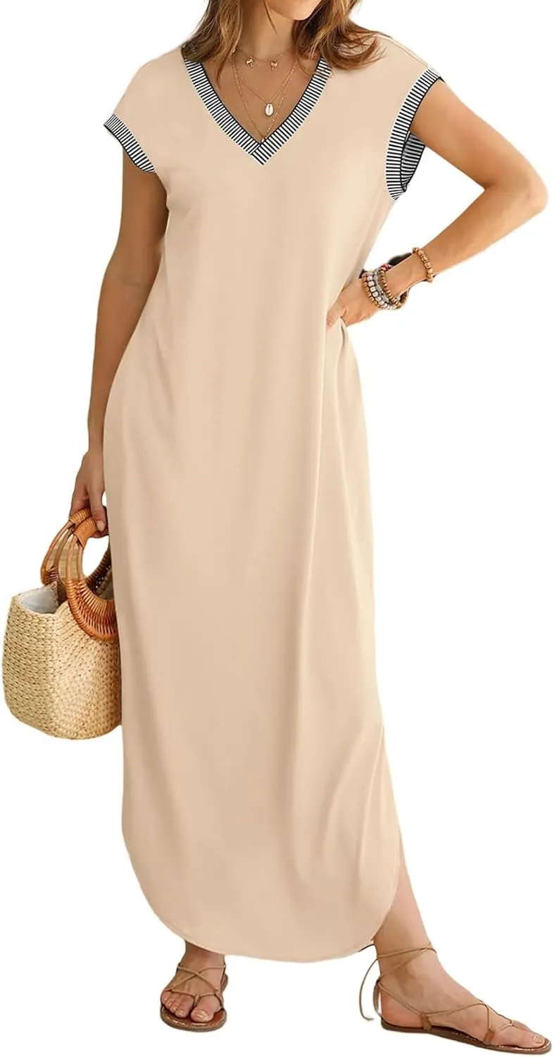 Women Summer T Shirt Dress Casual Short Sleeve V Neck Split Maxi Dresses Long T-Shirt Dresses Beach Dress with Pocket