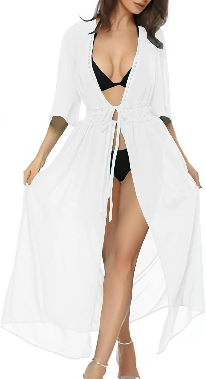 Women Swimsuit Cover Up Shirt Sexy Fashion Tie Front Beach Dress Plain Long Swimsuit Cover Up Vacation Outfits