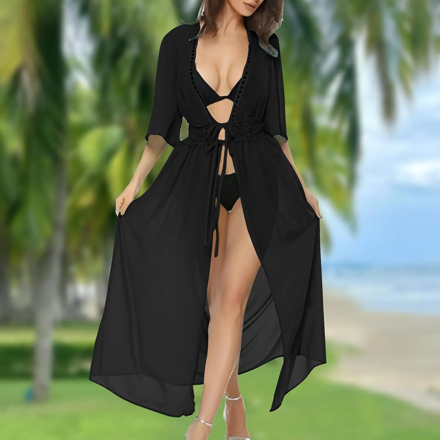Women Swimsuit Cover Up Shirt Sexy Fashion Tie Front Beach Dress Plain Long Swimsuit Cover Up Vacation Outfits