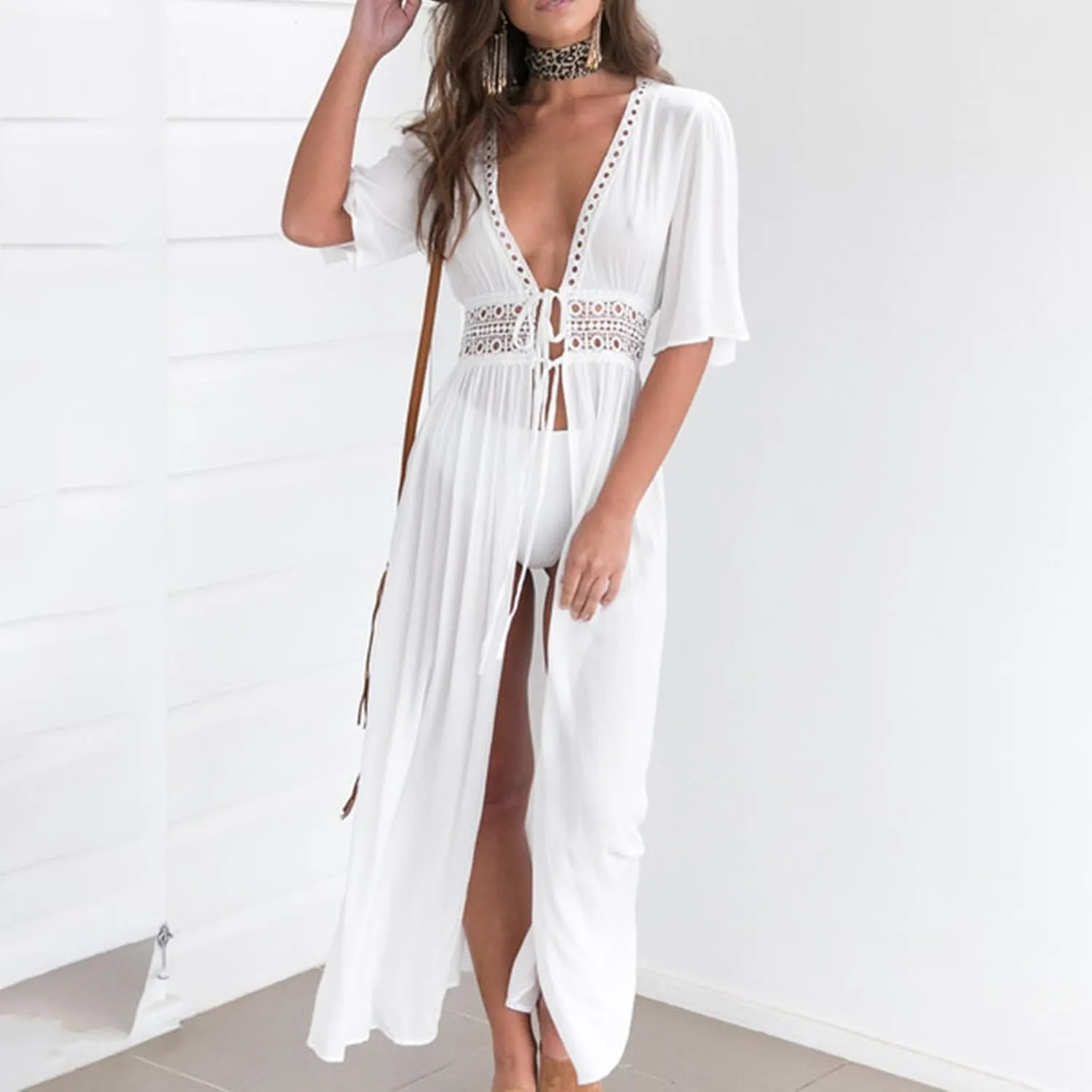 Women Swimsuit Cover Up Shirt Sexy Fashion Tie Front Beach Dress Plain Long Swimsuit Cover Up Vacation Outfits