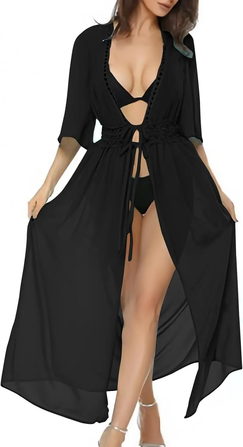 Women Swimsuit Cover Up Shirt Sexy Fashion Tie Front Beach Dress Plain Long Swimsuit Cover Up Vacation Outfits