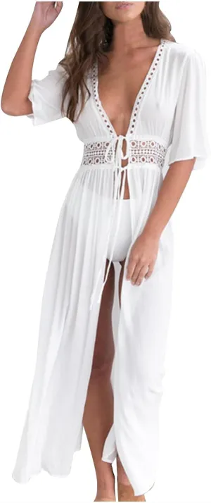 Women Swimsuit Cover Up Shirt Sexy Fashion Tie Front Beach Dress Plain Long Swimsuit Cover Up Vacation Outfits
