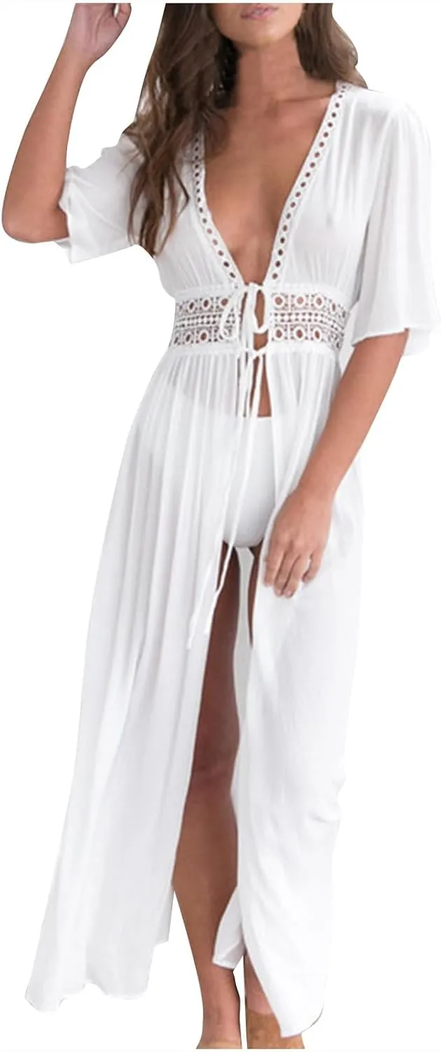 Women Swimsuit Cover Up Shirt Sexy Fashion Tie Front Beach Dress Plain Long Swimsuit Cover Up Vacation Outfits