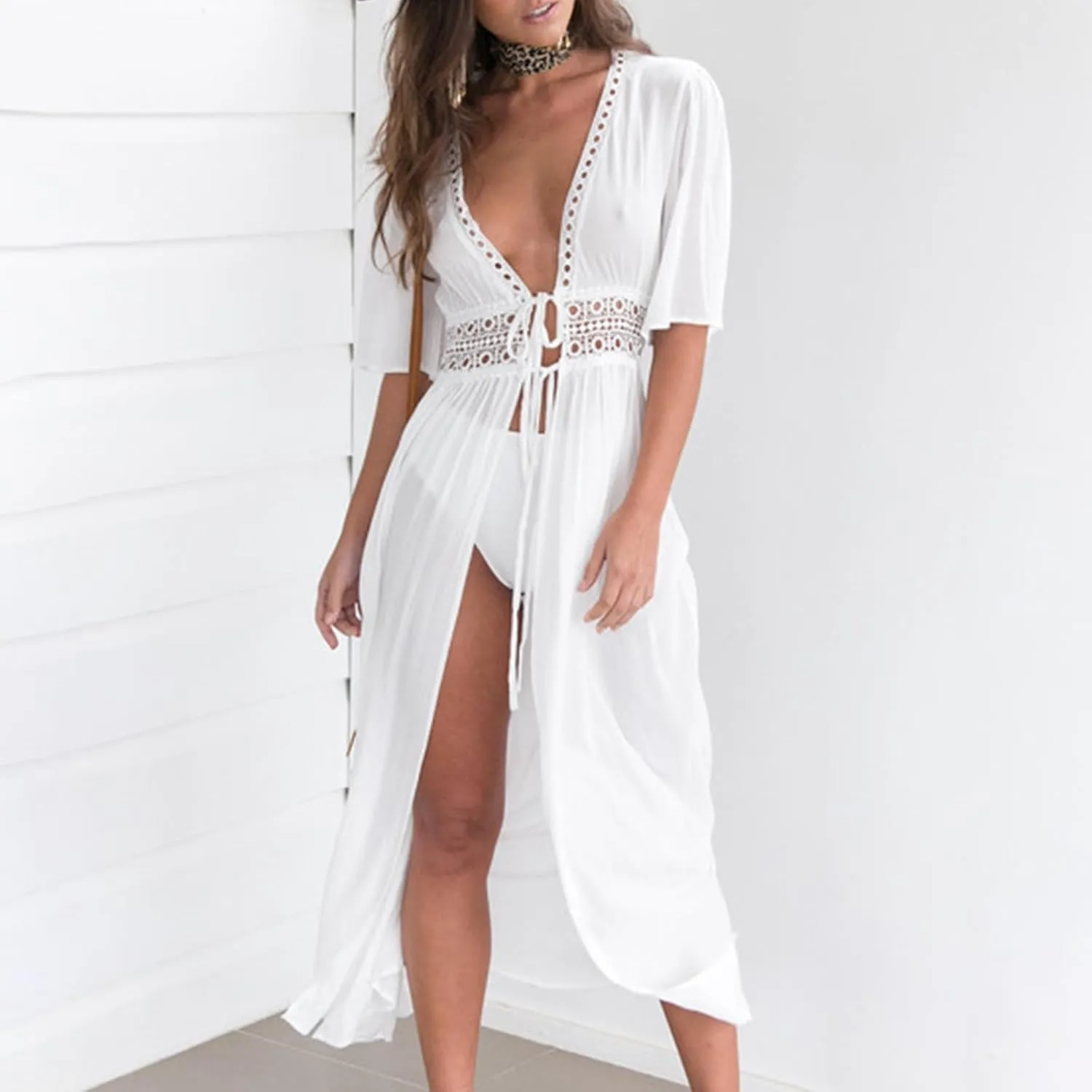 Women Swimsuit Cover Up Shirt Sexy Fashion Tie Front Beach Dress Plain Long Swimsuit Cover Up Vacation Outfits