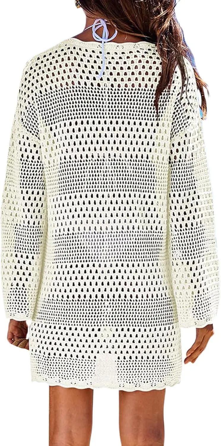 Women Swimsuit Crochet Swim Cover Up Casual Loose Long Sleeve Crewneck Tops Summer Bathing Suit Knit Swimwear Dresses