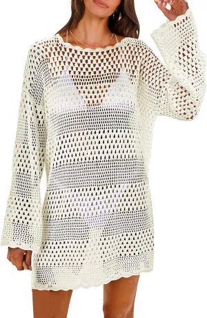 Women Swimsuit Crochet Swim Cover Up Casual Loose Long Sleeve Crewneck Tops Summer Bathing Suit Knit Swimwear Dresses
