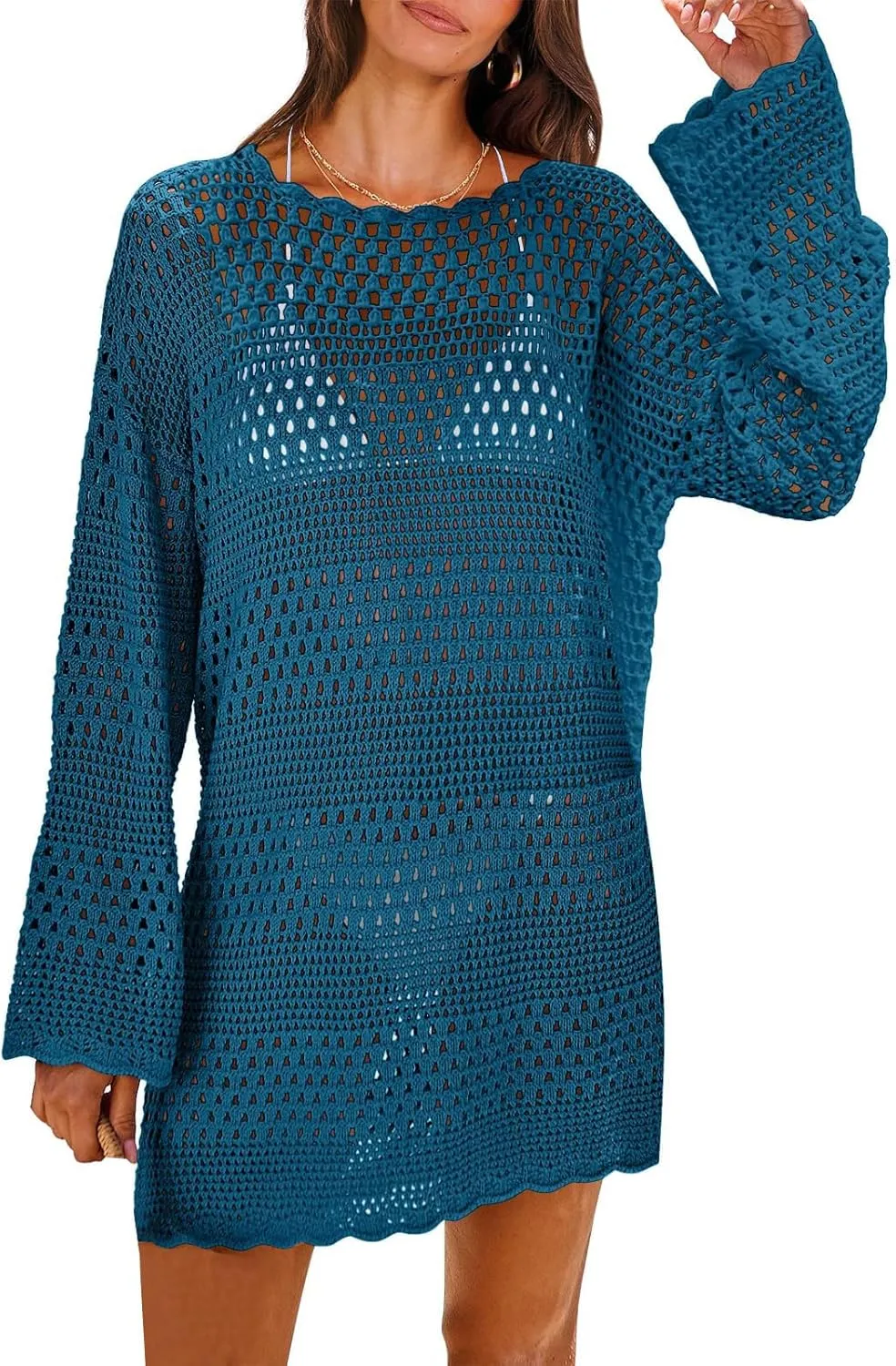 Women Swimsuit Crochet Swim Cover Up Casual Loose Long Sleeve Crewneck Tops Summer Bathing Suit Knit Swimwear Dresses