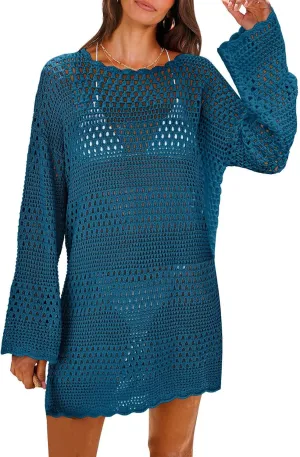 Women Swimsuit Crochet Swim Cover Up Casual Loose Long Sleeve Crewneck Tops Summer Bathing Suit Knit Swimwear Dresses