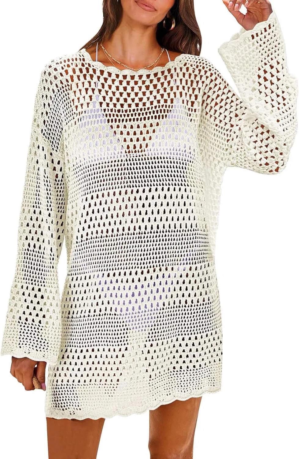 Women Swimsuit Crochet Swim Cover Up Casual Loose Long Sleeve Crewneck Tops Summer Bathing Suit Knit Swimwear Dresses