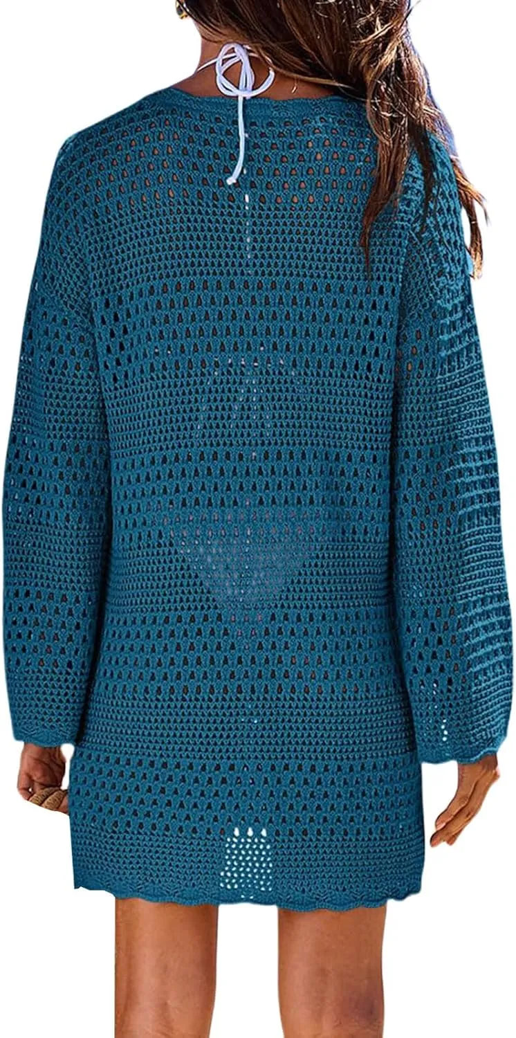 Women Swimsuit Crochet Swim Cover Up Casual Loose Long Sleeve Crewneck Tops Summer Bathing Suit Knit Swimwear Dresses