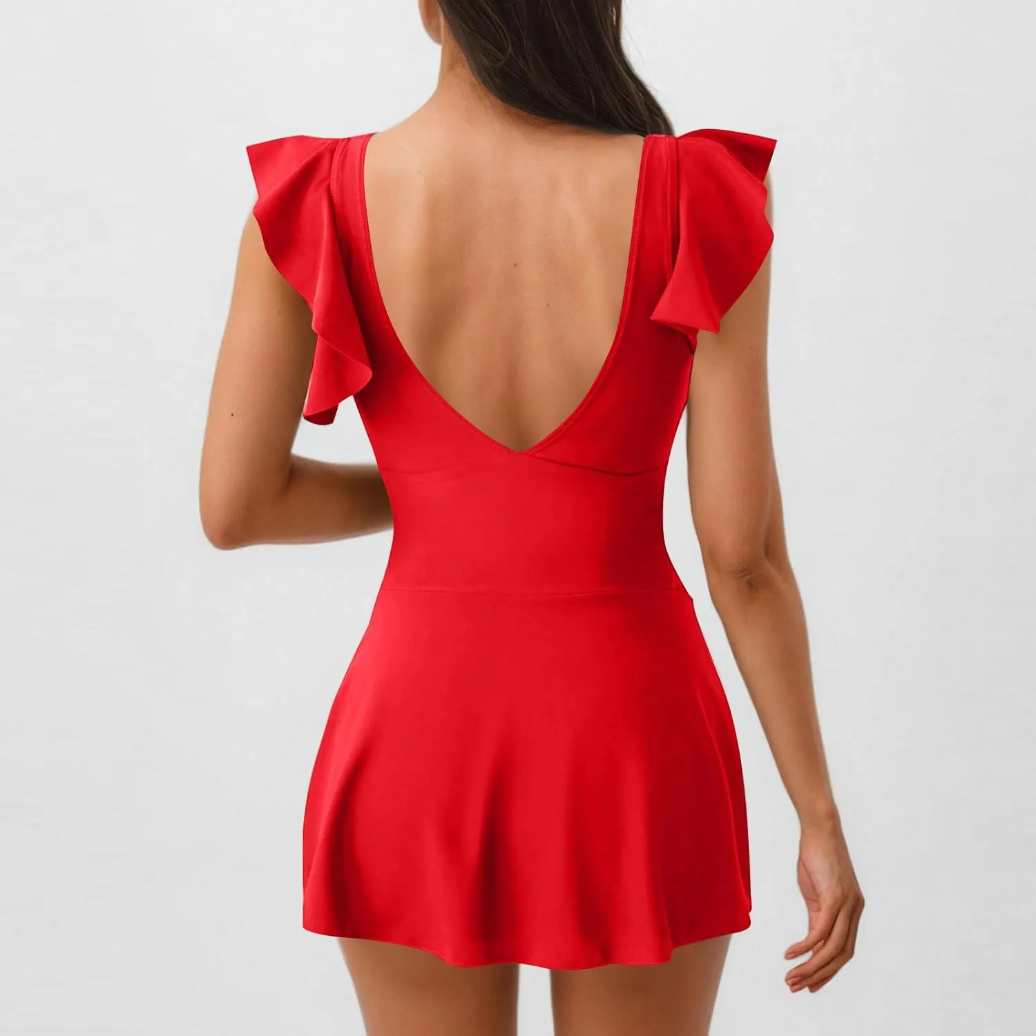 Women Tummy Control One Piece Swimsuit Tie Knot Criss Cross Pleated Ruffle Swindress Slim Backless Bathing Suit