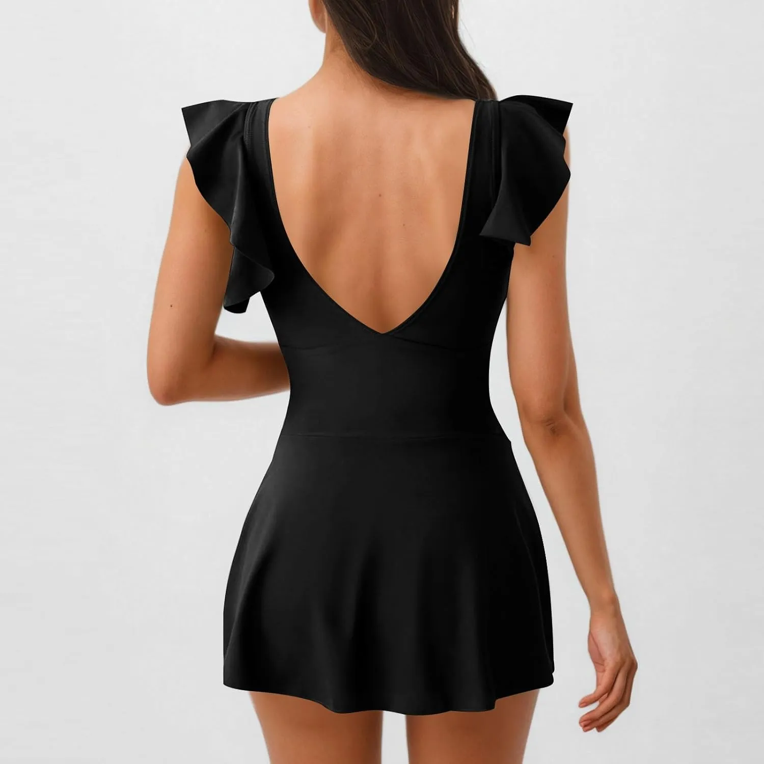 Women Tummy Control One Piece Swimsuit Tie Knot Criss Cross Pleated Ruffle Swindress Slim Backless Bathing Suit