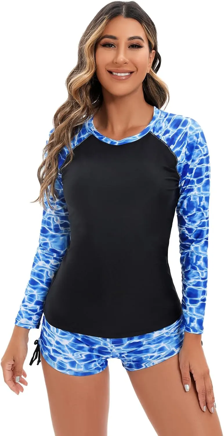 Women Two Piece Rash Guard Long Sleeve Swimsuits Sets UV UPF 50  Cropped Swim Shirt with Boyshort Bottom Bathing Suits