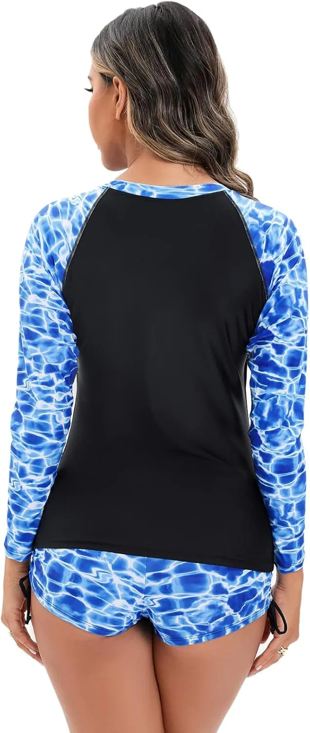 Women Two Piece Rash Guard Long Sleeve Swimsuits Sets UV UPF 50  Cropped Swim Shirt with Boyshort Bottom Bathing Suits