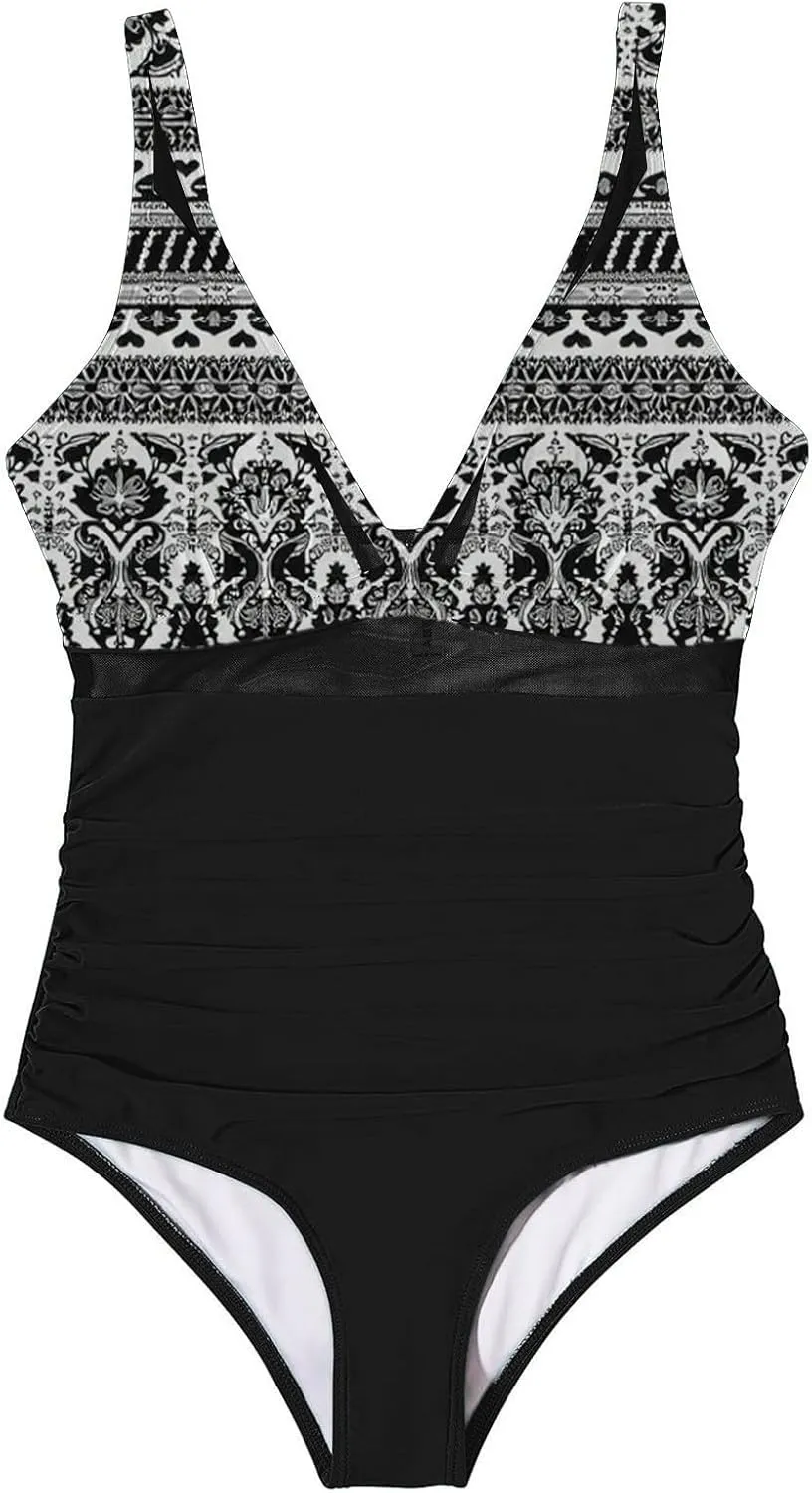 Women Vintage Swimwear Floral Printed Tummy Control One Piece Swimsuit Ruched High Waisted Bathing Suits 2025 Summer