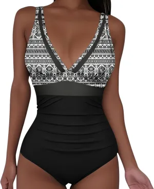 Women Vintage Swimwear Floral Printed Tummy Control One Piece Swimsuit Ruched High Waisted Bathing Suits 2025 Summer