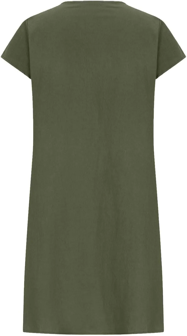 Women's 2025 Cotton Linen Midi Dress Plus Size Cap Sleeve Pleated Summer Dresses Vacation Crew Neck Casual Dress