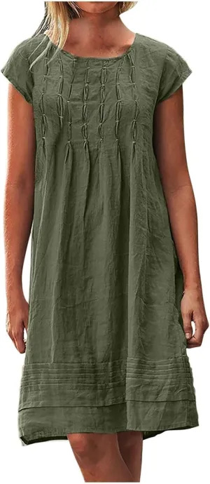 Women's 2025 Cotton Linen Midi Dress Plus Size Cap Sleeve Pleated Summer Dresses Vacation Crew Neck Casual Dress