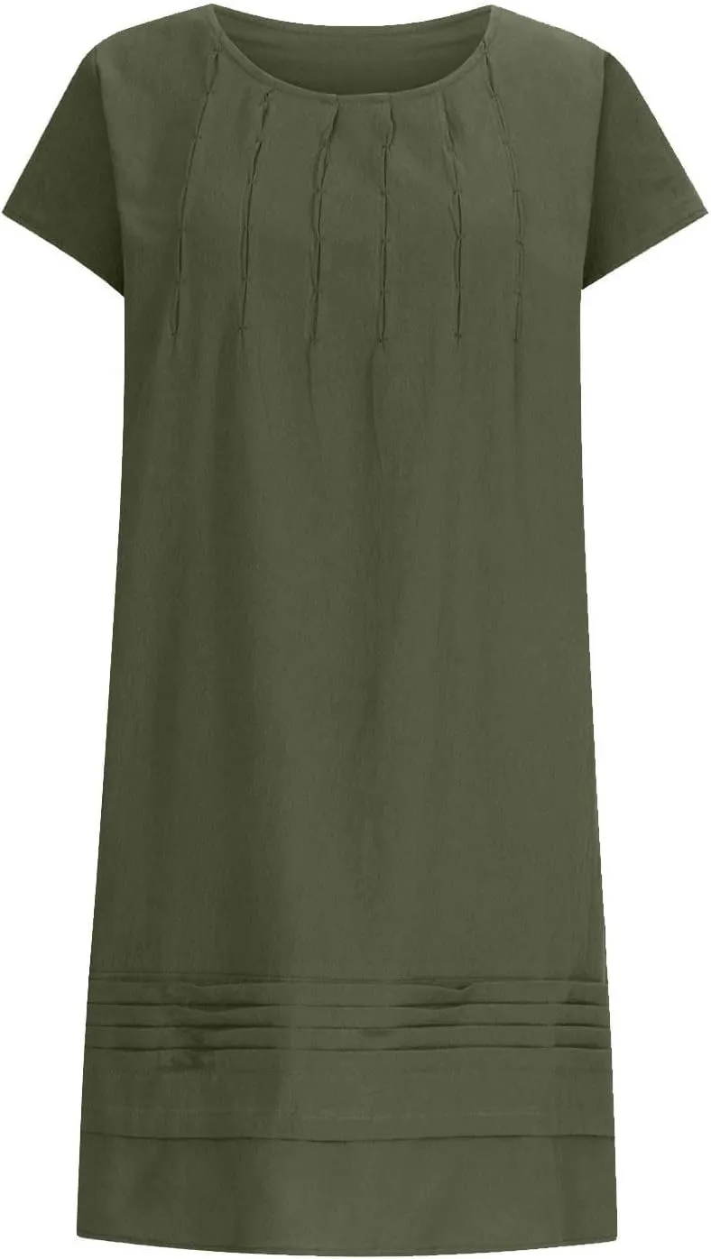 Women's 2025 Cotton Linen Midi Dress Plus Size Cap Sleeve Pleated Summer Dresses Vacation Crew Neck Casual Dress