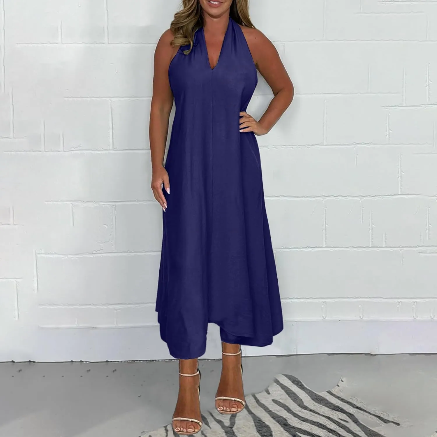 Women's 2025 Summer Halter Cross Back Maxi Dress Casual V Neck Sleeveless A-Line Flowy Beach Vacation Long Dresses