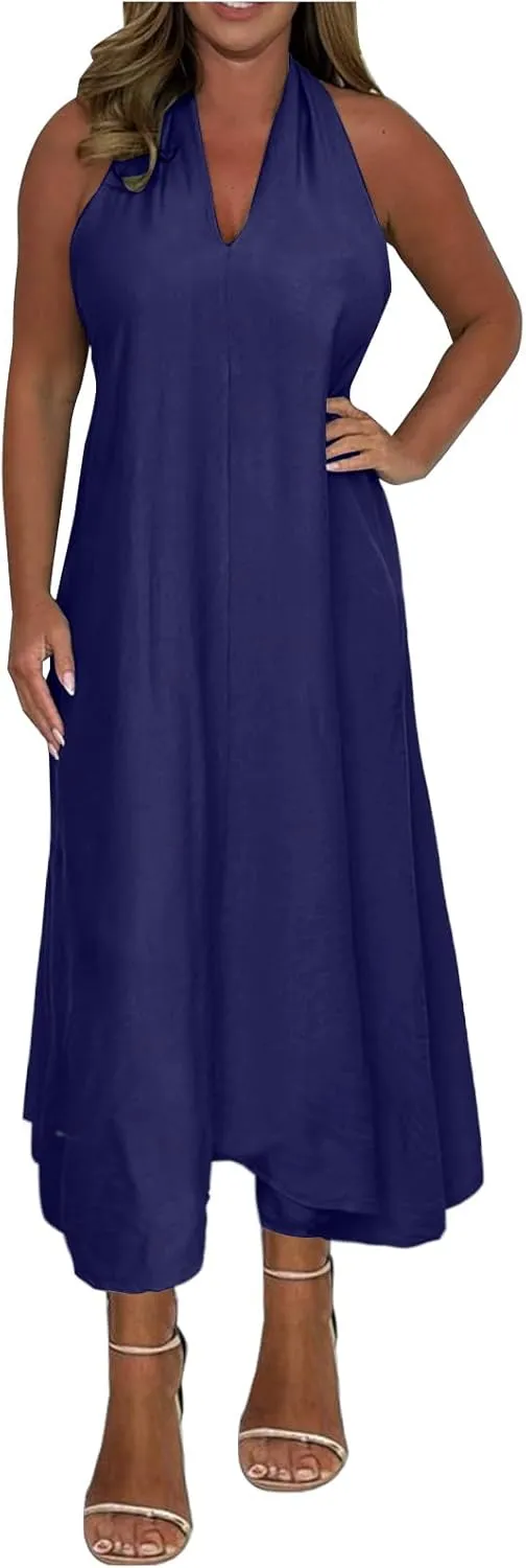 Women's 2025 Summer Halter Cross Back Maxi Dress Casual V Neck Sleeveless A-Line Flowy Beach Vacation Long Dresses