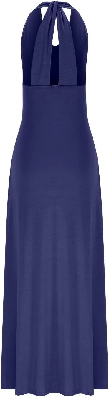Women's 2025 Summer Halter Cross Back Maxi Dress Casual V Neck Sleeveless A-Line Flowy Beach Vacation Long Dresses
