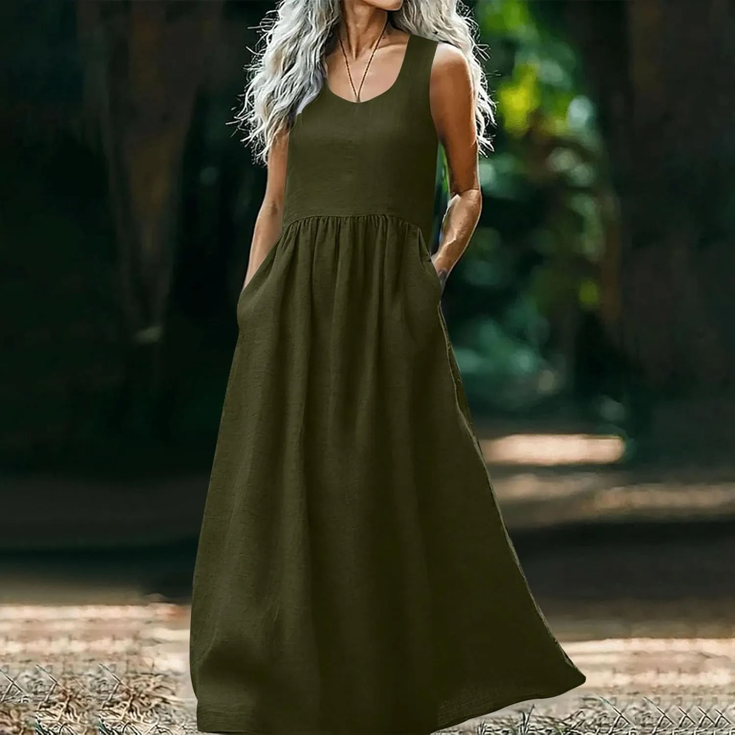 Womens 2025 Summer Sleeveless Linen Maxi Tank Dresses Casual A Line Crew Neck Beach Vacation Long Sundress with Pockets