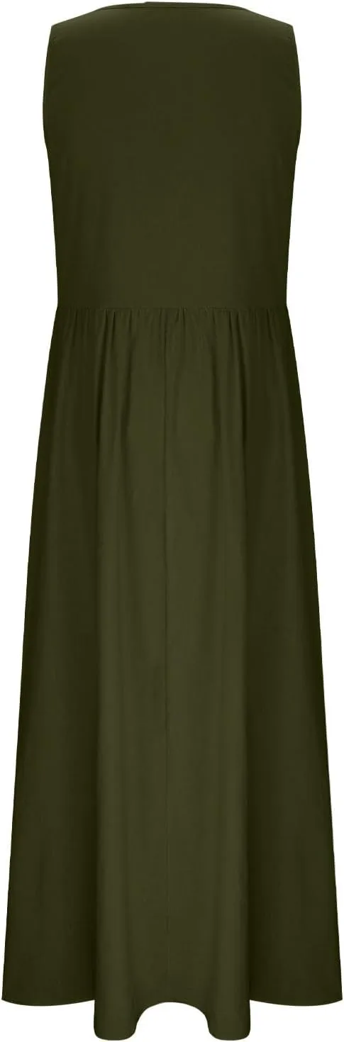 Womens 2025 Summer Sleeveless Linen Maxi Tank Dresses Casual A Line Crew Neck Beach Vacation Long Sundress with Pockets