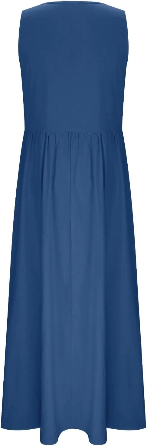 Womens 2025 Summer Sleeveless Linen Maxi Tank Dresses Casual A Line Crew Neck Beach Vacation Long Sundress with Pockets