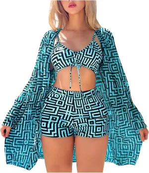 Womens 3 Pieces Bikini Set Swimsuit Tropical Beach Cover up Kimono Swimwear Bathing Suit with Boy Shorts
