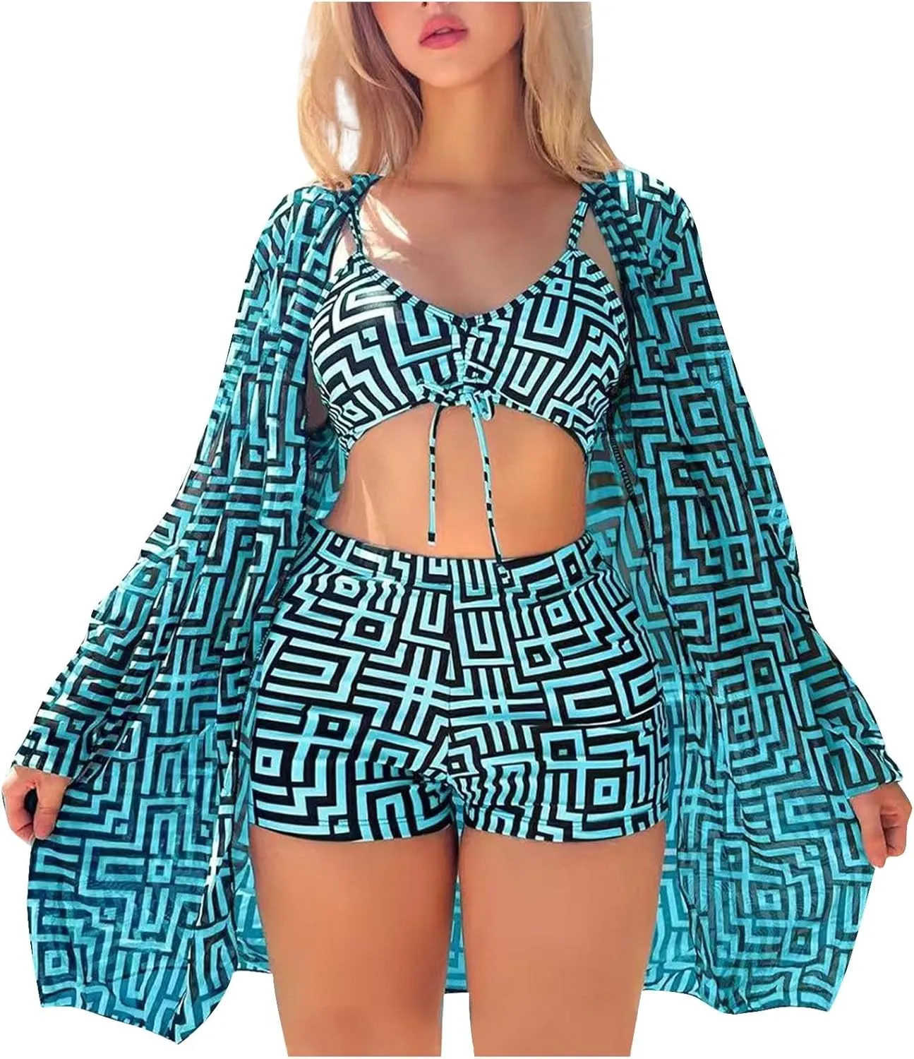Womens 3 Pieces Bikini Set Swimsuit Tropical Beach Cover up Kimono Swimwear Bathing Suit with Boy Shorts