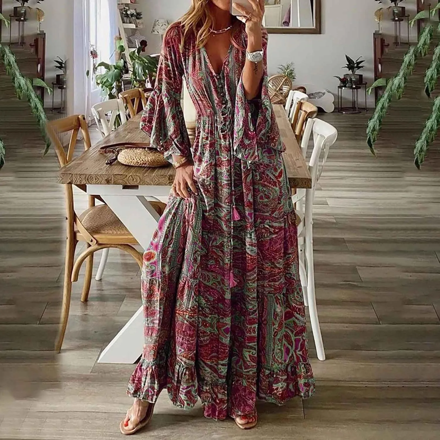 Womens 3/4 Sleeve Casual Boho A-Line Dress Frill Trim V Neck Maxi Dress Plus Size Fashion High Waist Beach Dresses
