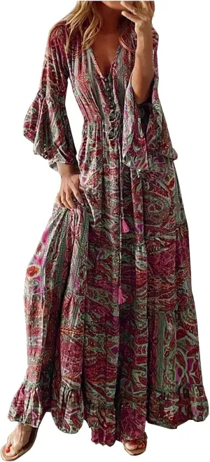 Womens 3/4 Sleeve Casual Boho A-Line Dress Frill Trim V Neck Maxi Dress Plus Size Fashion High Waist Beach Dresses