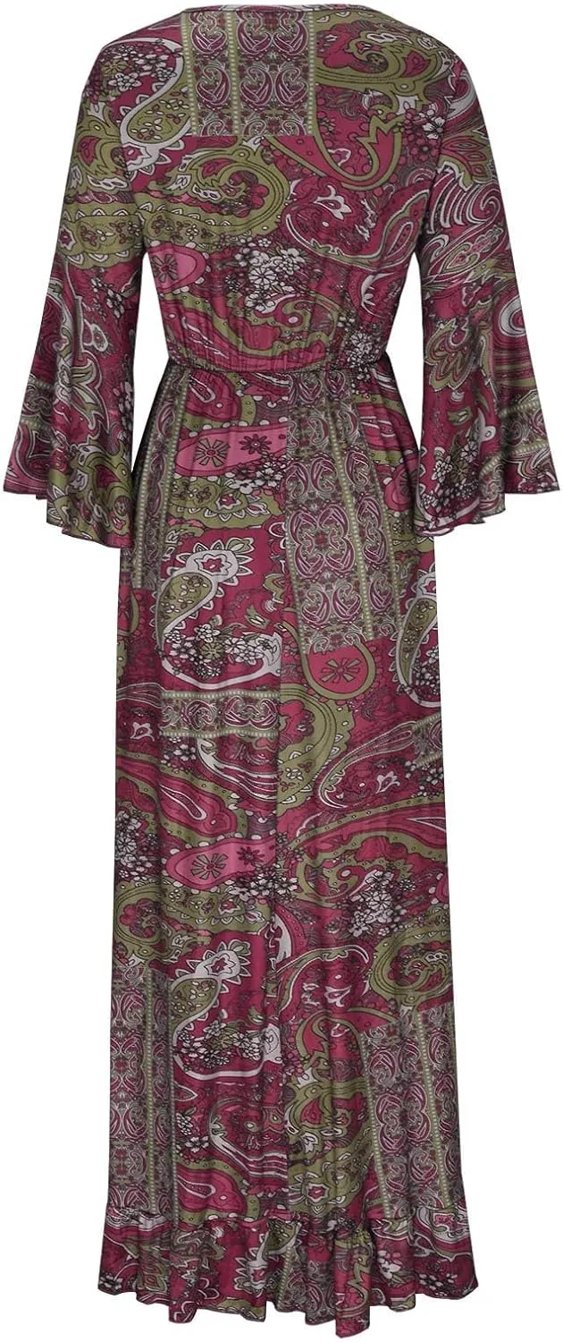Womens 3/4 Sleeve Casual Boho A-Line Dress Frill Trim V Neck Maxi Dress Plus Size Fashion High Waist Beach Dresses