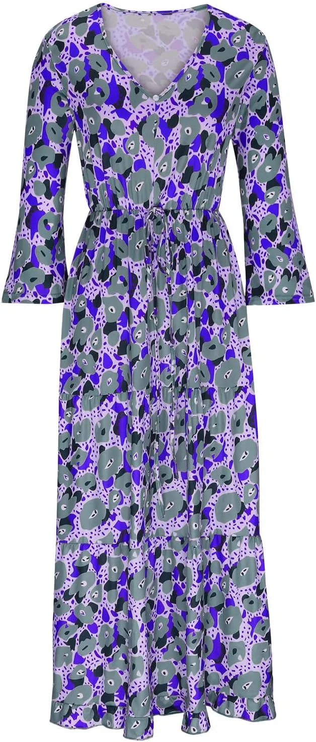 Womens 3/4 Sleeve Casual Boho A-Line Dress Frill Trim V Neck Maxi Dress Plus Size Fashion High Waist Beach Dresses