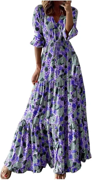 Womens 3/4 Sleeve Casual Boho A-Line Dress Frill Trim V Neck Maxi Dress Plus Size Fashion High Waist Beach Dresses